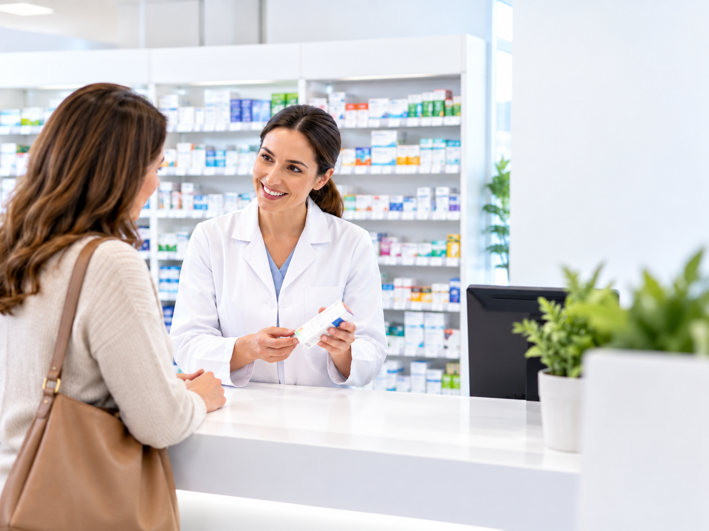 Personal de farmacia atendiendo a clientes en el mostrador
